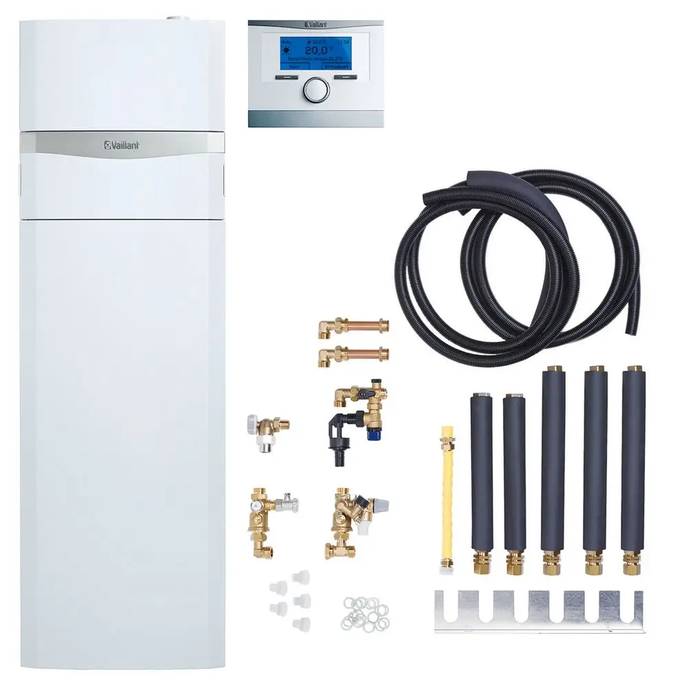 Vaillant Heizungsmodul in weißer Ausführung mit Steuergerät, Rohren, Anschlussstücken und Zubehör für die Installation.